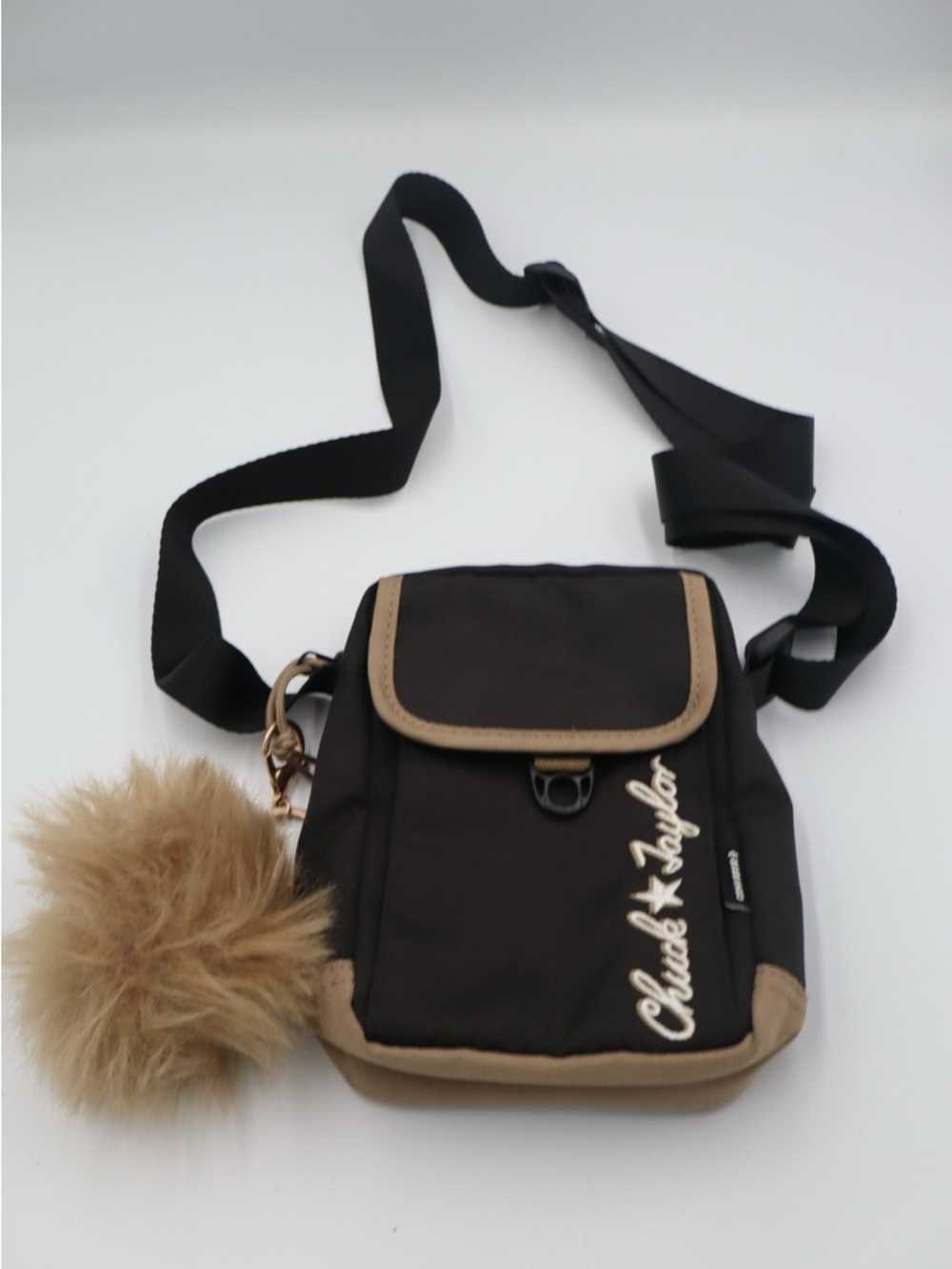 Converse Black and Tan Crossbody Crossbody bag with Fur Pom